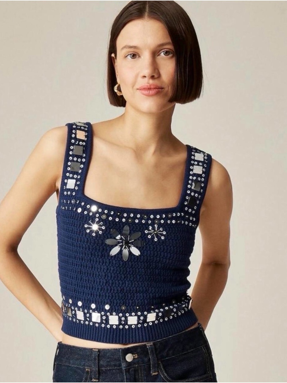 J.Crew Re-Imagined Embellished Crochet Knit Tank Top NWT Size Small Blue